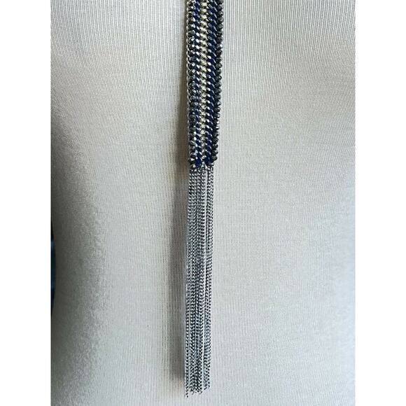 Stella & Dot Tessa Fringe Necklace Lariat Silvertone Blue Steel Chain - Picture 8 of 12